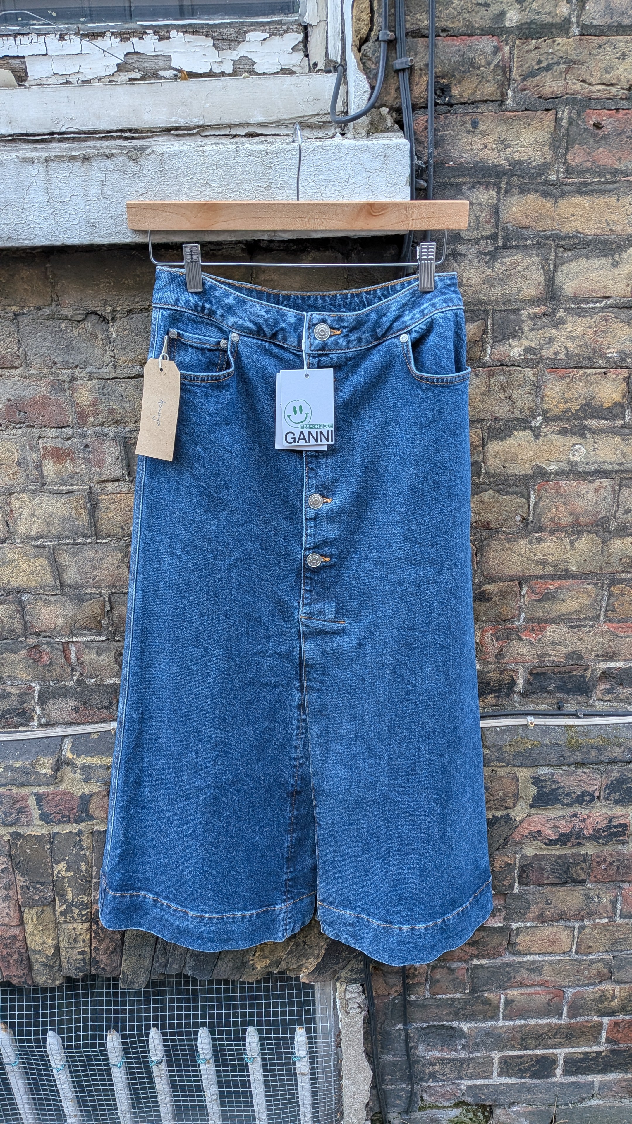 GANNI Denim Midi Skirt – Size 38 / UK 10 / Waist 28" – New With Tags