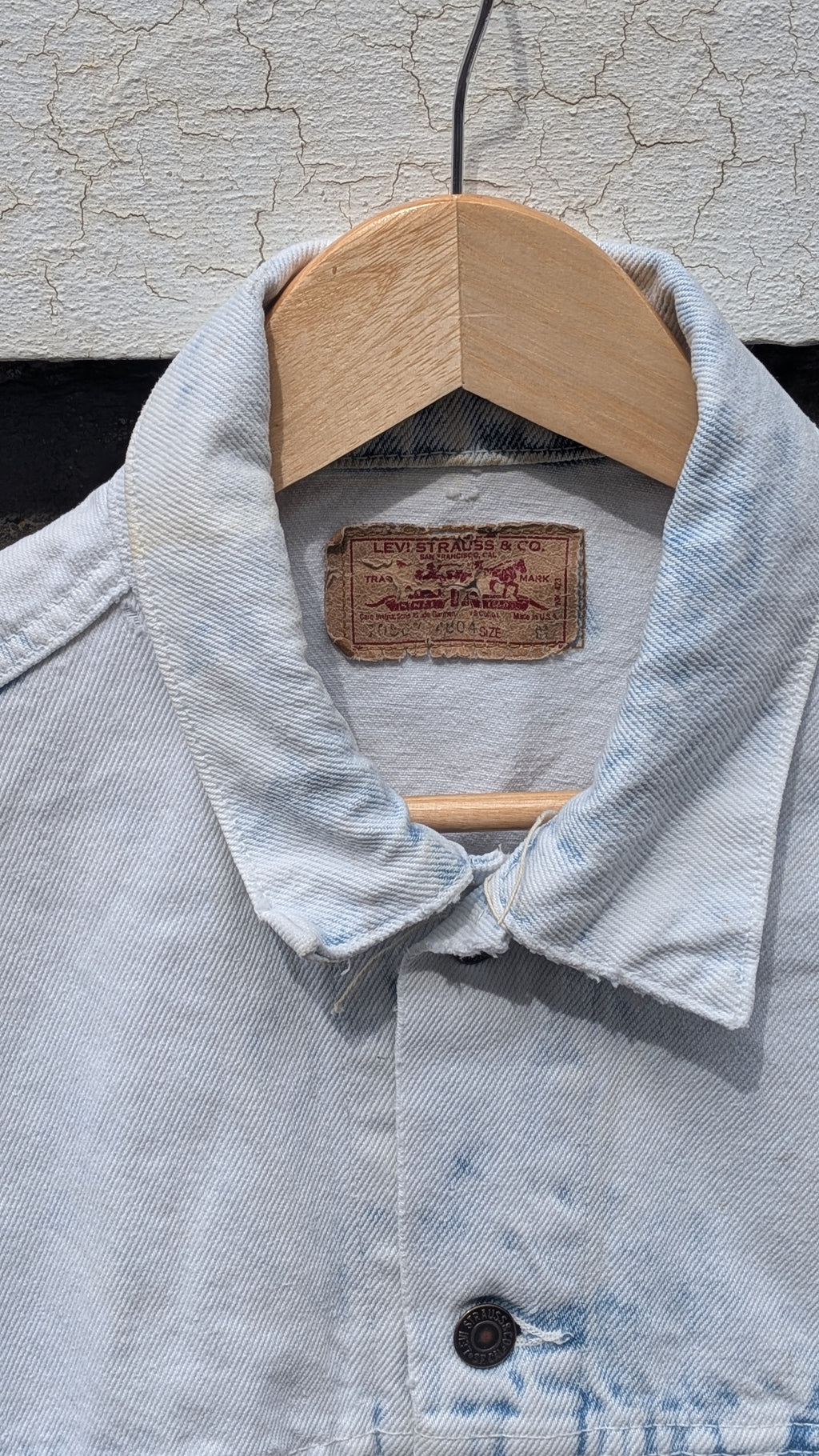 Vintage 80s Levi's Trucker — Bleach Wash, Visible Mending, Made in USA