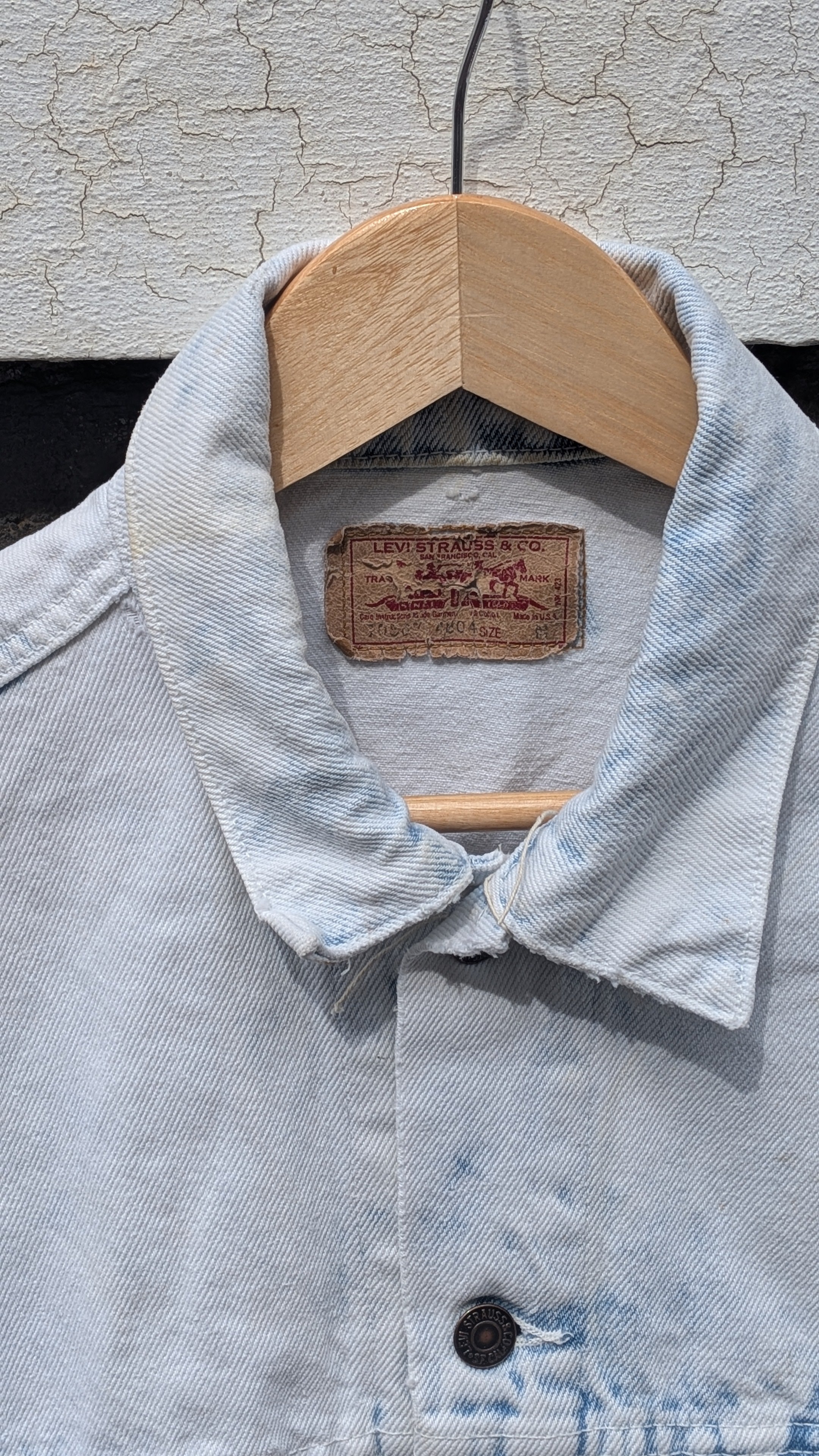 Vintage 80s Levi's Trucker — Bleach Wash, Visible Mending, Made in USA